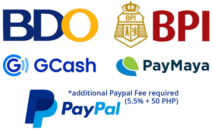 BDO, BPI, GCash, Paypal